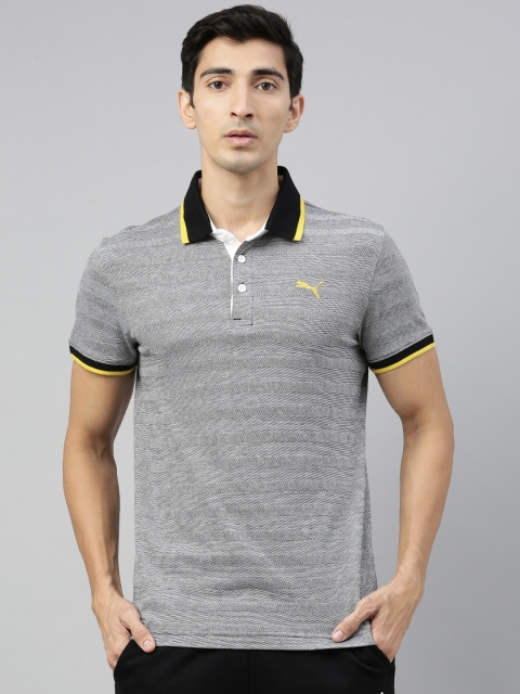 

Puma Men Grey Melange Jacquard 1 Self-Striped Cotton Polo Collar Pure Cotton T-shirt