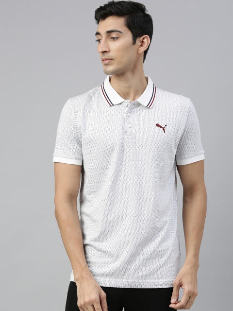 

Puma Men White & Navy Blue Self Design Jacquard 3 Polo Collar T-shirt