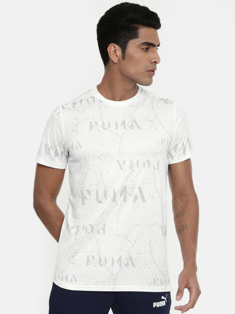 

Puma Men White & Grey Printed DRYCELL Ignite Graphic S S Round Neck Running T-shirt