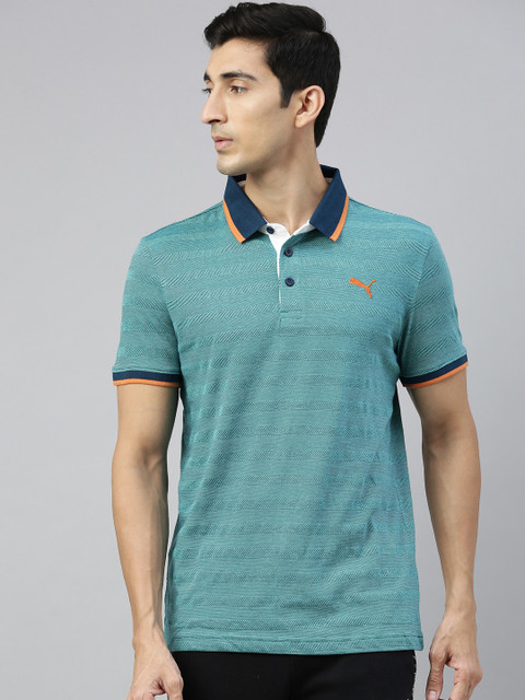 

Puma Men Teal Green Jacquard 1 Self-Striped Cotton Polo Collar T-Shirt
