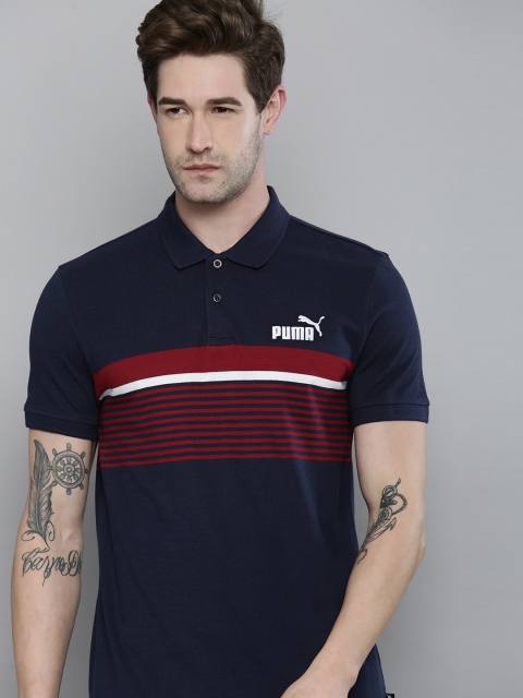 

Puma Men Blue Red ESS+ Stripe Peacoat Polo Collar Pure Cotton T-shirt