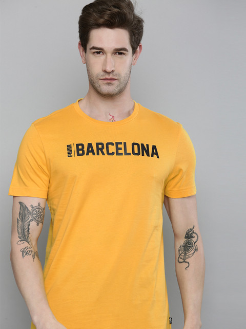 

Puma Men Yellow Black Brand Logo Barcelona Printed Pure Cotton T-shirt