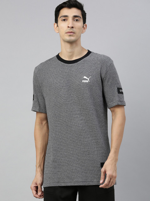 

Puma Men Charcoal Grey Virat Kohli Stylized Self-Striped Cotton Round Neck Pure Cotton T-shirt