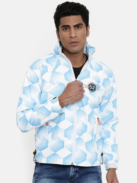 

Sports52 wear Men White & Blue Abstract Printed Rain Hooded Jacket 8905097564614