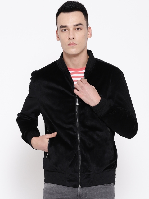 

Blackberrys Men Black Velvet Finish Solid Bomber Jacket