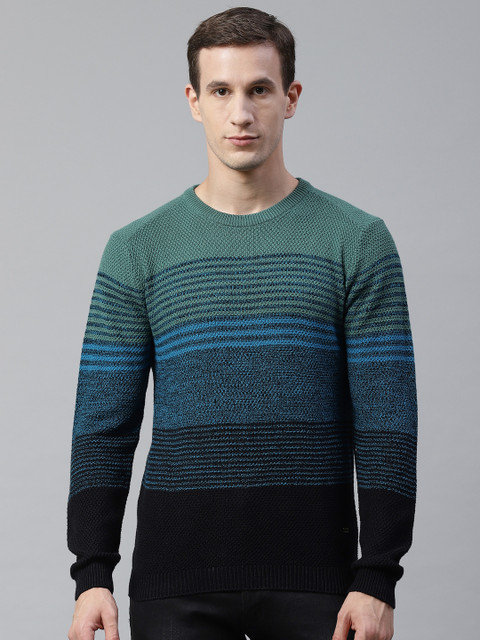 

Blackberrys Men Green & Blue Striped Pullover Sweater