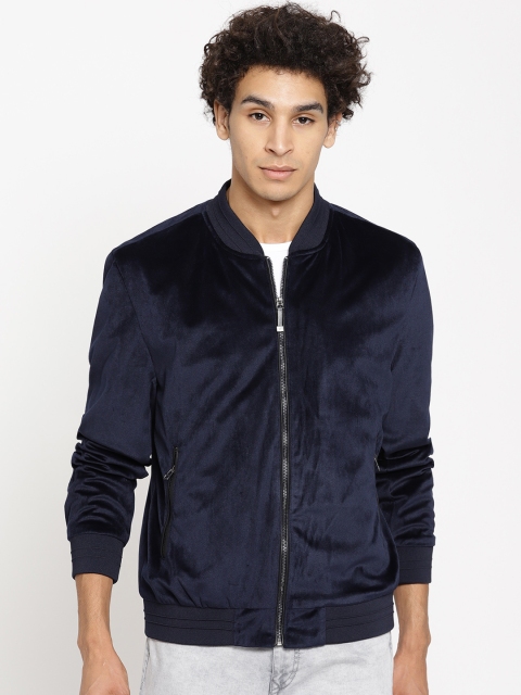 

Blackberrys Men Navy Blue Velvet Finish Solid Bomber Jacket