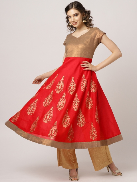 

MBE Women Red & Golden Block Print A-Line Kurta