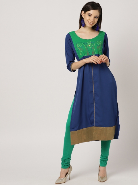 

MBE Women Navy Blue & Green Yoke Design Straight Kurta