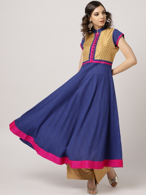

MBE Women Blue & Golden Woven Design Anarkali Kurta