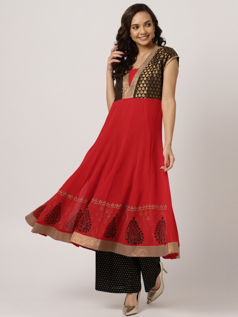 

MBE Women Maroon & Black Block Printed Yoke Design Anarkali Kurta