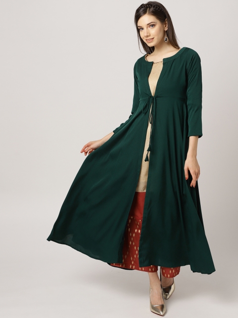 

MBE Women Green Solid Tie-up Longline Shrug