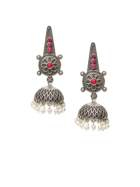 

PANASH Silver-Plated & Pink Dome Shaped Jhumkas