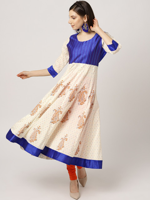 

MBE Women Off-White & Blue Block Print Anarkali Kurta