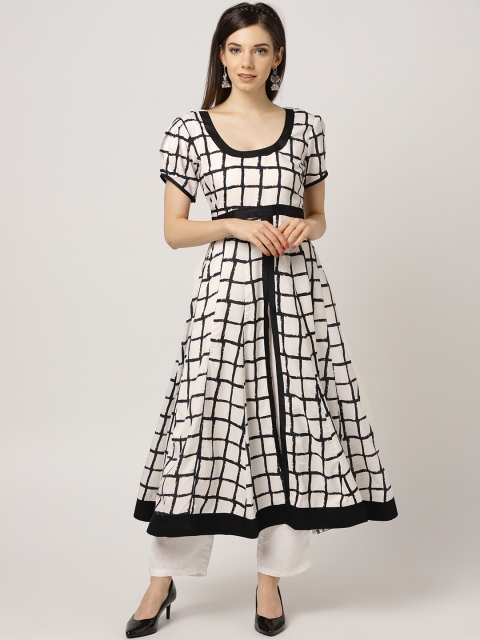 

MBE Women Off-White & Black Checked High-Slit Anarkali Kurta