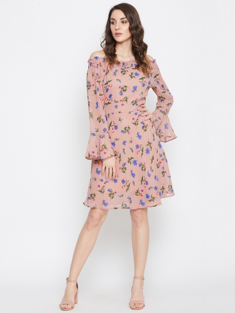 

PURYS Women Peach-Coloured Floral Print Fit and Flare Dress