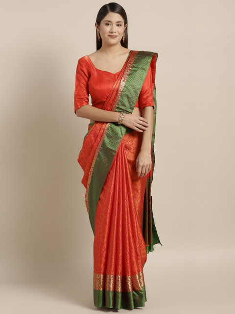 

KALINI Coral Red & Green Silk Blend Woven Design Banarasi Saree