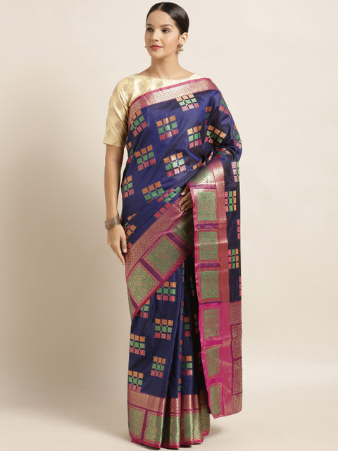 

KALINI Navy Blue & Pink Silk Blend Woven Design Banarasi Saree