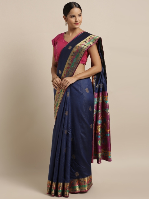 

Mirchi Fashion Navy Blue & Gold-Toned Silk Blend Woven Design Kanjeevaram Saree