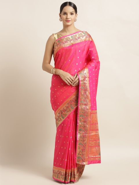 

Mirchi Fashion Pink & Gold-Toned Silk Blend Woven Design Kanjeevaram Saree