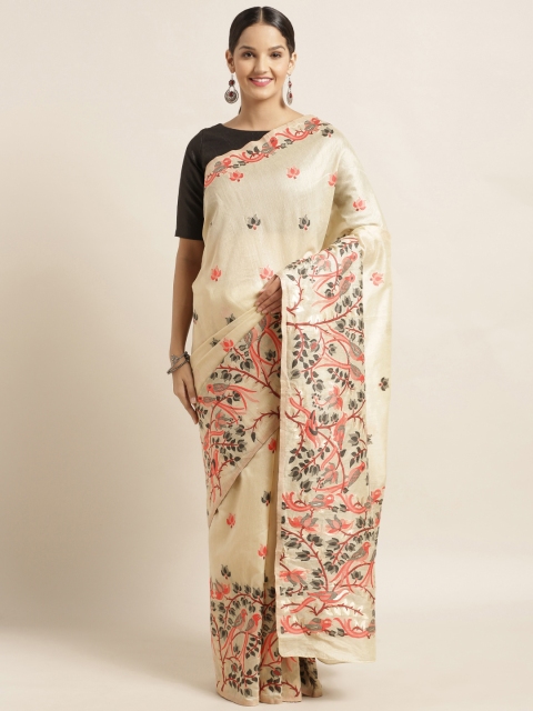 

Mirchi Fashion Cream-Coloured & Red Cotton Blend Woven Design Saree