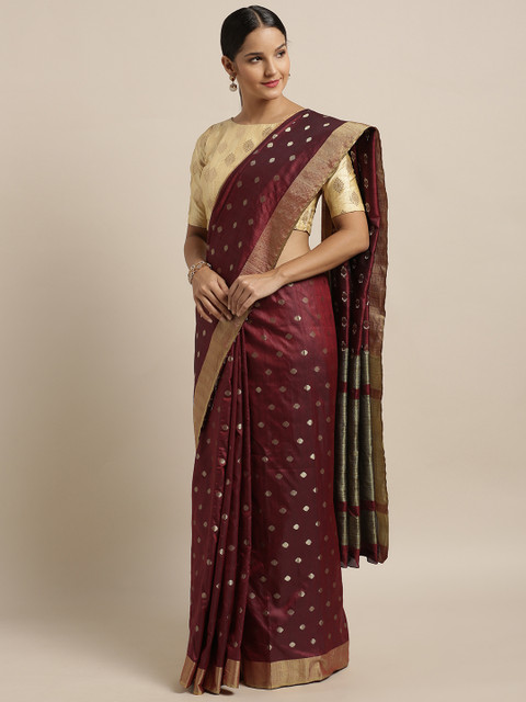 

Mirchi Fashion Maroon & Gold-Toned Silk Blend Woven Design Kanjeevaram Saree