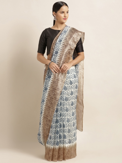 

Mirchi Fashion White & Navy Blue Silk Blend Printed Bhagalpuri Saree