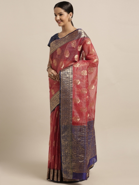

Mirchi Fashion Red & Navy Blue Tissue Woven Design Saree