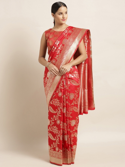 

Mirchi Fashion Red & Golden Silk Blend Woven Design Banarasi Saree