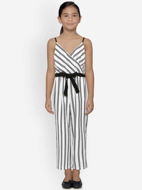

Natilene Girls White & Black Striped Layered Basic Jumpsuit with Belt