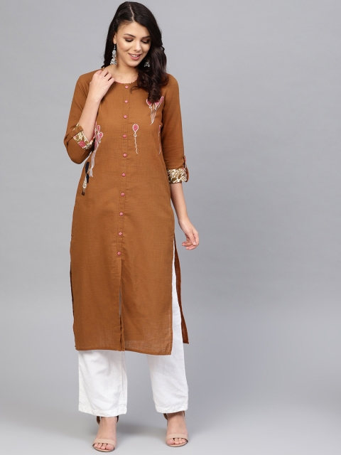 

YASH GALLERY Women Brown Quirky Embroidered Straight Kurta