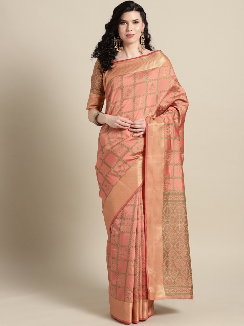 

Saree mall Peach-Coloured & Green Woven Design Banarasi Saree
