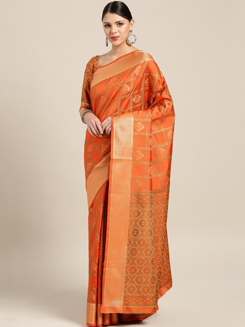 

Saree mall Orange & Green Checked Banarasi Saree