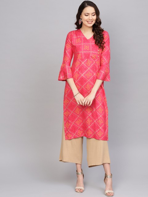 

Anubhutee Women Pink & Mustard Yellow Bandhej Print Straight Kurta