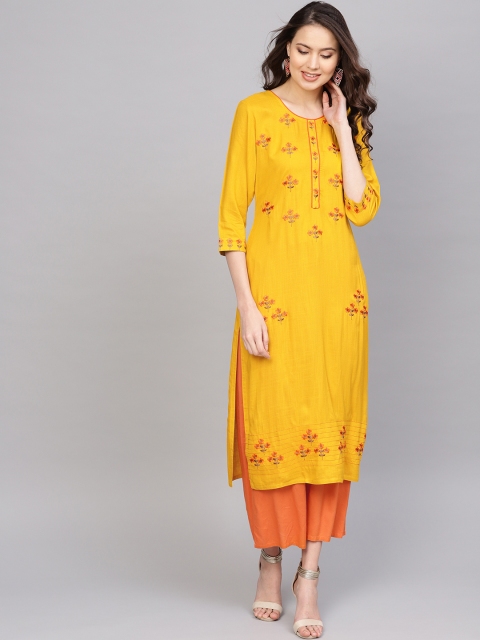 

Anubhutee Women Mustard Yellow Floral Embroidered Straight Kurta