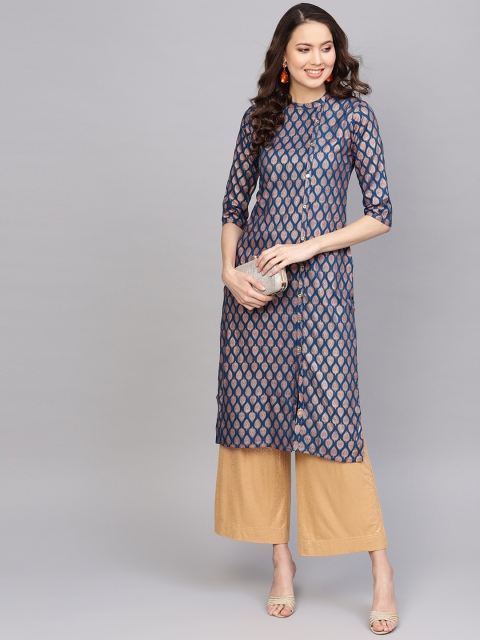 

Anubhutee Women Navy Blue & Golden Foil Print Straight Kurta