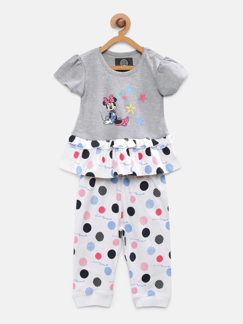 

TAMBOURINE Girls Grey Melange & White Printed T-shirt with Pyjamas