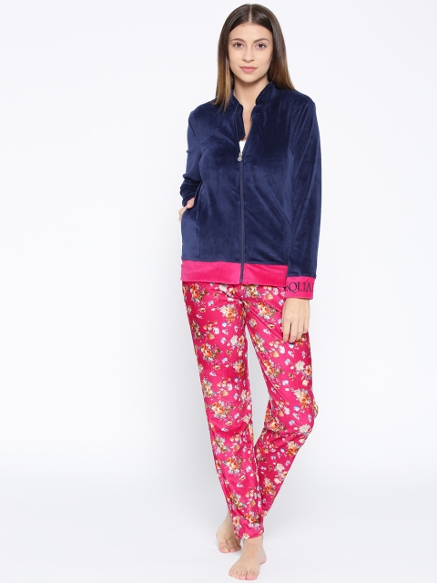 

Sweet Dreams Women Navy Blue & Pink Solid Night Suit With Velvet Finish