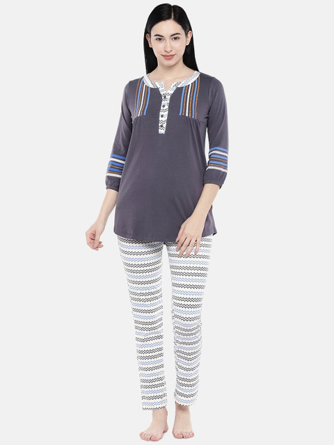 

Sweet Dreams Women Charcoal Grey & White Chevron Print Night suit