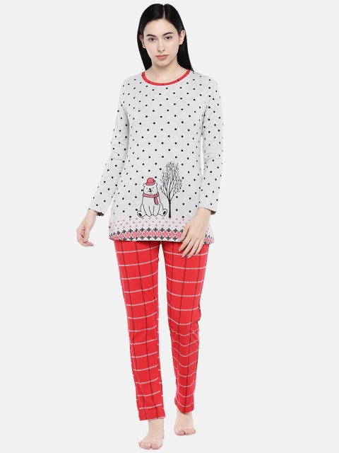 

Sweet Dreams Women Grey Melange & Red Printed Night suit