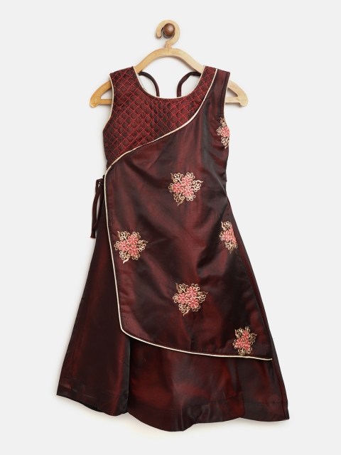 

Aarika Girls Coffee Brown Floral Embroidered Maxi Wrap Dress