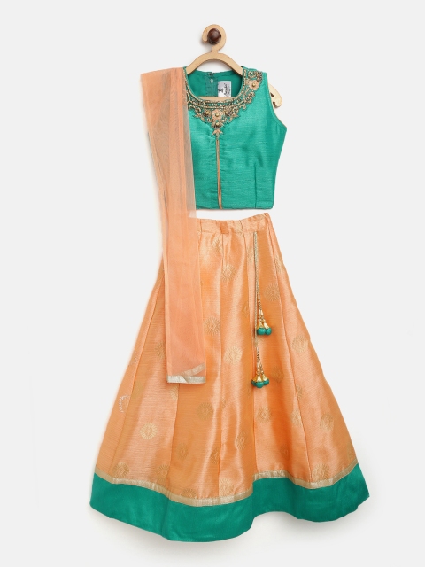 

Aarika Girls Peach-Coloured & Green Embellished Ready to Wear Lehenga & Blouse with Dupatta