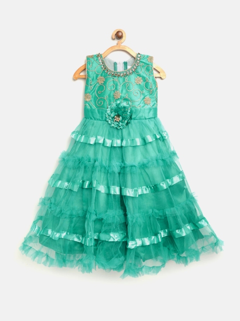 

Aarika Girls Green Solid Net Layered Maxi Dress with Embroidered Detail
