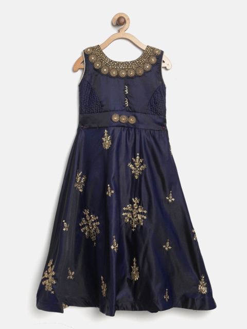 

Aarika Girls Navy Blue & Golden Floral Embroidered Maxi Dress