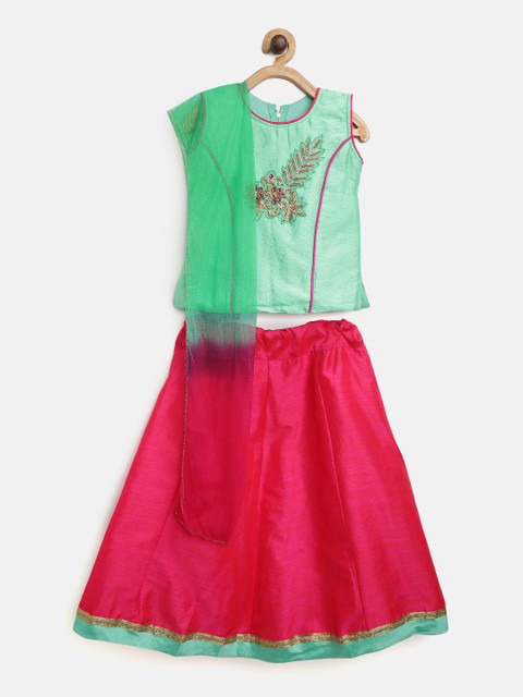 

Aarika Girls Pink & Sea Green Solid Ready to Wear Pattu Pavadai with Dupatta