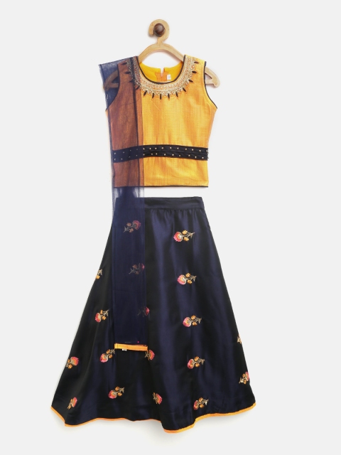 

Aarika Girls Navy Blue & Mustard Yellow Solid Ready to Wear Lehenga & Blouse with Dupatta
