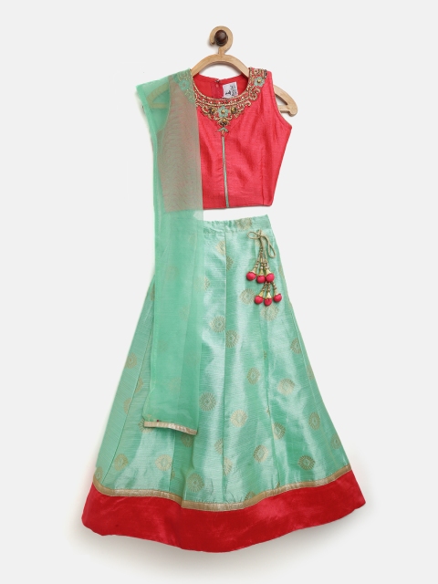 

Aarika Girls Sea Green & Coral Red Solid Ready to Wear Lehenga & Blouse with Dupatta