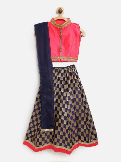 

Aarika Girls Navy Blue & Pink Solid Ready to Wear Pattu Pavadai with Dupatta