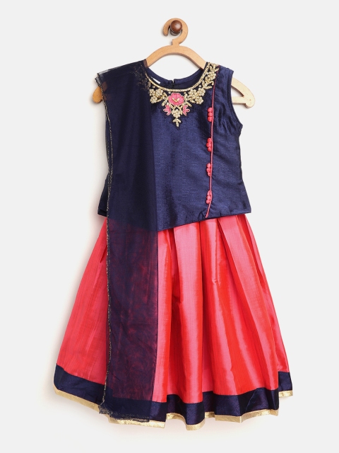 

Aarika Girls Pink & Navy Silk Embellished Ready to Wear Pattu Pavadai with Dupatta