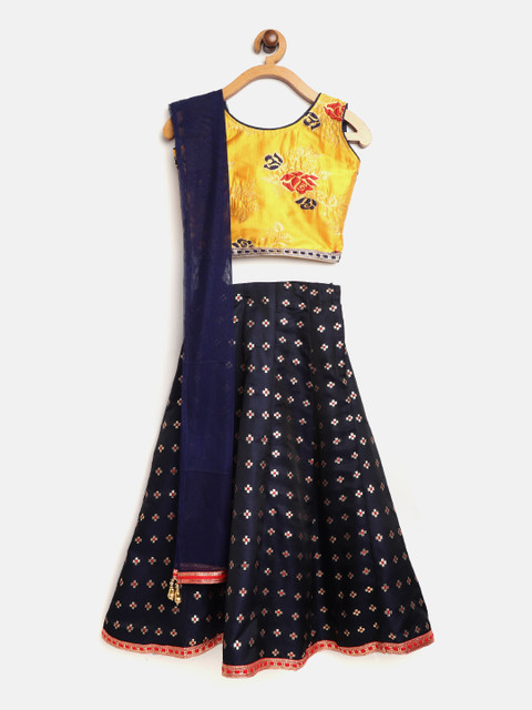 

Aarika Girls Navy & Mustard Yellow Patterned Ready to Wear Lehenga & Blouse with Dupatta, Navy blue